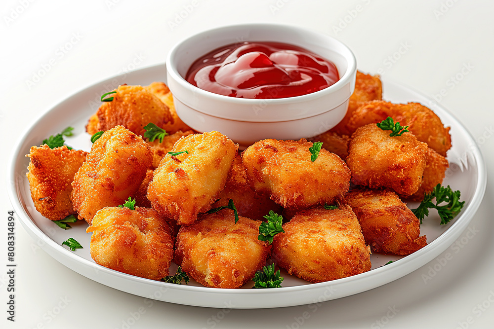 Plate of tasty nuggets with red ketchup sauce on gray table background Plate of tasty nuggets with red ketchup sauce on gray table background