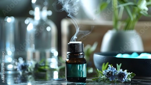 Organic essential oil blend for aromatherapy meditation and relaxation in beauty spa. Concept Organic Essential Oils, Aromatherapy, Meditation, Relaxation, Beauty Spa photo