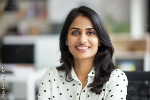 Engaging portrait of a smiling professional woman with dark hair, wearing a polka-dot blouse, exuding confidence and approachability in a bright, modern office setting Free Download Engaging portrait of a smiling professional woman with dark hair, wearing a polka-dot blouse, exuding confidence and approachability in a bright, modern office setting - GFXLoad
