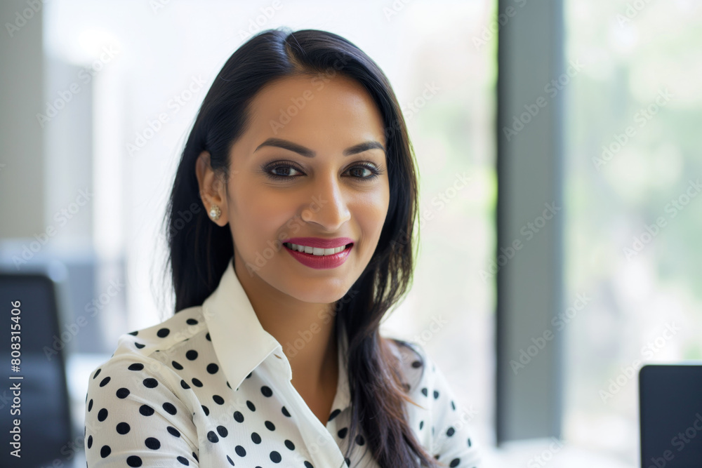 Close-up portrait of a professional woman smiling at the camera, featuring a white polka dot blouse, creating a friendly and approachable atmosphere in a well-lit modern office setting Close-up portrait of a professional woman smiling at the camera, featuring a white polka dot blouse, creating a friendly and approachable atmosphere in a well-lit modern office setting