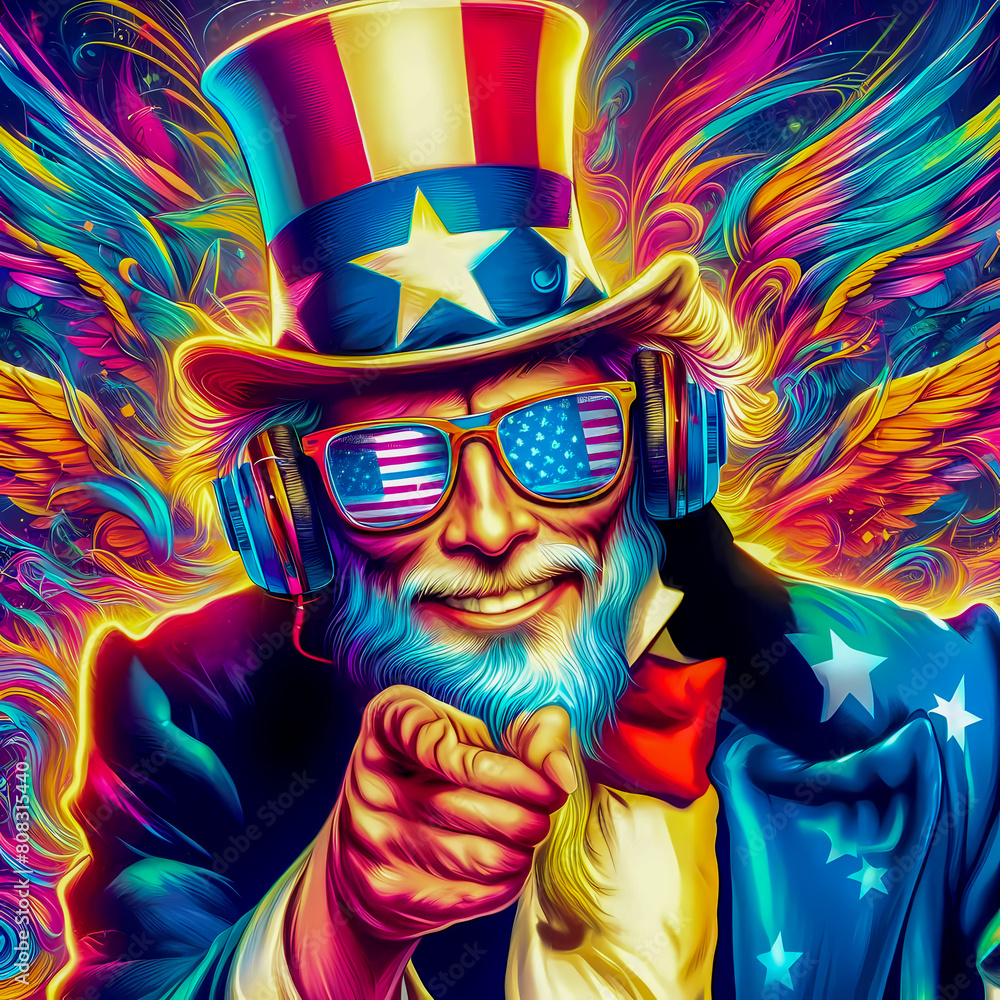 Digital art vibrant colorful uncle sam wearing headphones vibin to music