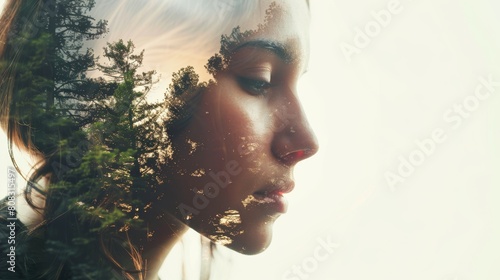 A mesmerizing double exposure featuring a woman's features Nose, Lip, Chin, Eyebrow, and Eyelash intertwined with trees and the sky, captured with flash photography.