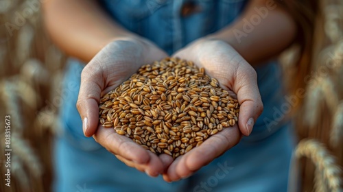 Women's hands holding wheat grains, quality control engineer in a mill.