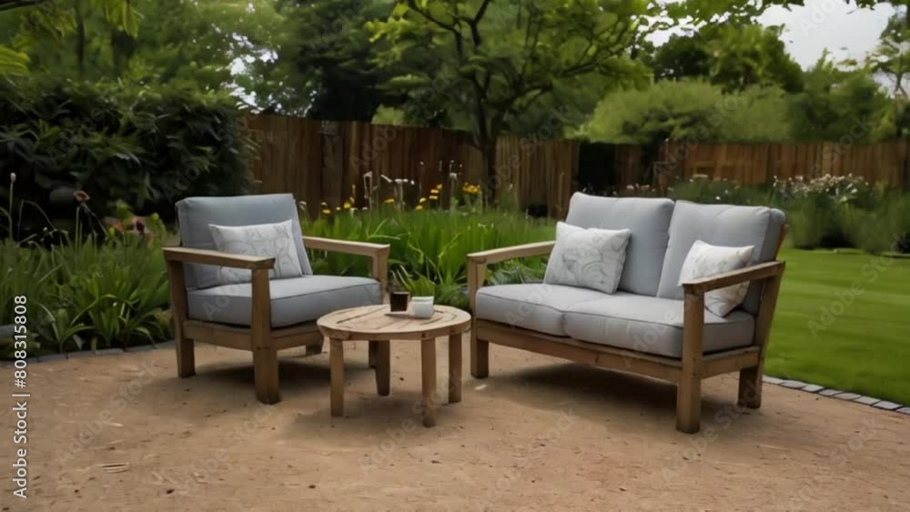 Teak Patio Furniture Set with Grey Cushions in Landscaped Backyard Teak Patio Furniture Set with Grey Cushions in Landscaped Backyard