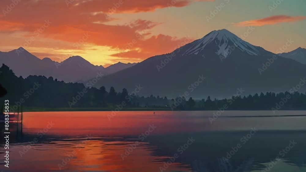 Serene Lake at Sunset with Mountains and Colorful Sky Serene Lake at Sunset with Mountains and Colorful Sky