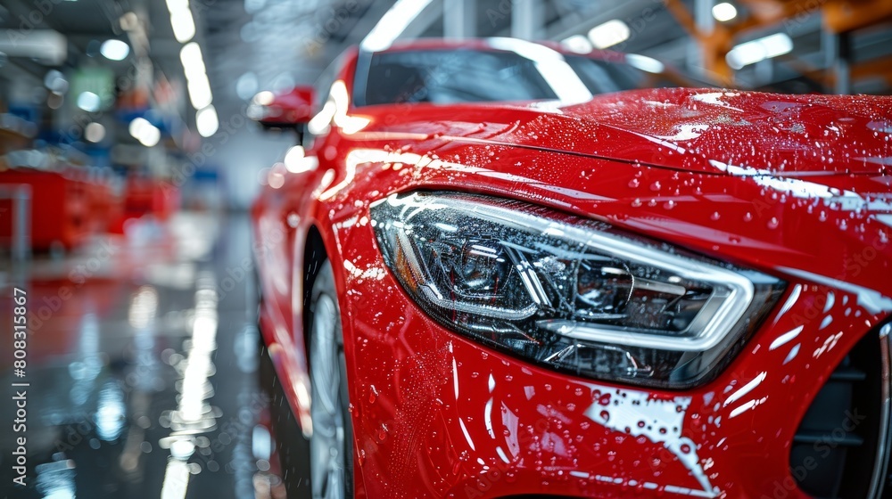 The process of covering the hood of a red car with a protective vinyl film to prevent gravel chips and scratches. The paint is protected in a clear, transparent manner.