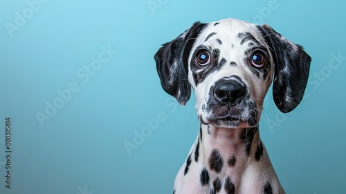  Black and white dog with facial spots, camera-focused eyes, expressing sadness