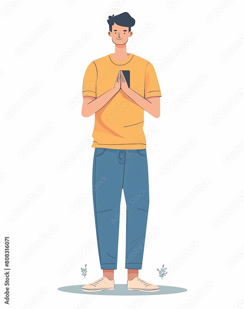 A man wearing a yellow t-shirt and blue pants, standing while holding a phone in one hand. He has both hands placed together to pray for healthcare people in the style of a simple flat design.