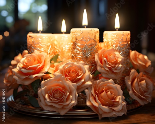 Candles and roses on a wooden table in the interior of a restaurant