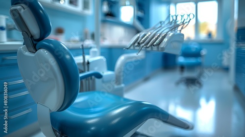 Blue toned banner showing dentist's office. Closeup of different dental instruments and tools.