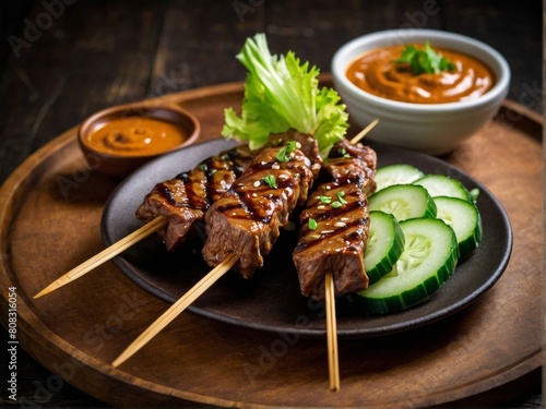 Indonesian satay culinary, grilled pieces of meat served with peanut sauce photo