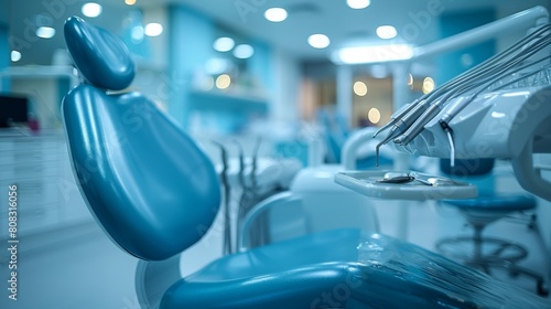 A banner with a dentist's room in the background. Closeup of various dental instruments and tools, blue tone. photo