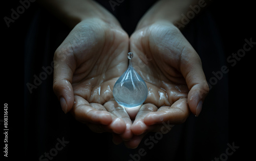 Hands saving a drop of fresh water for future generations. Save water concept 