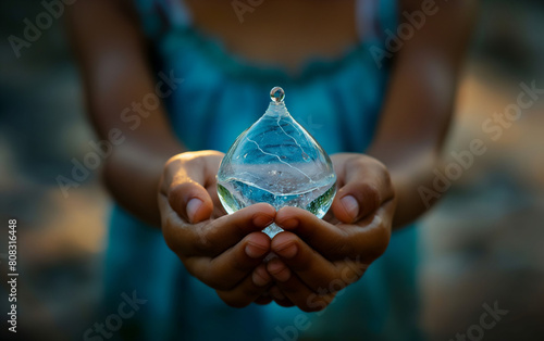 African child holding a drop of fresh water. Dehydration concept