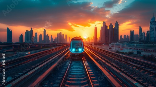 Dubai cityscape with modern metro train and skyscrapers at sunset. Traffic, Museum of Future with UAE city skyline at backgournd.