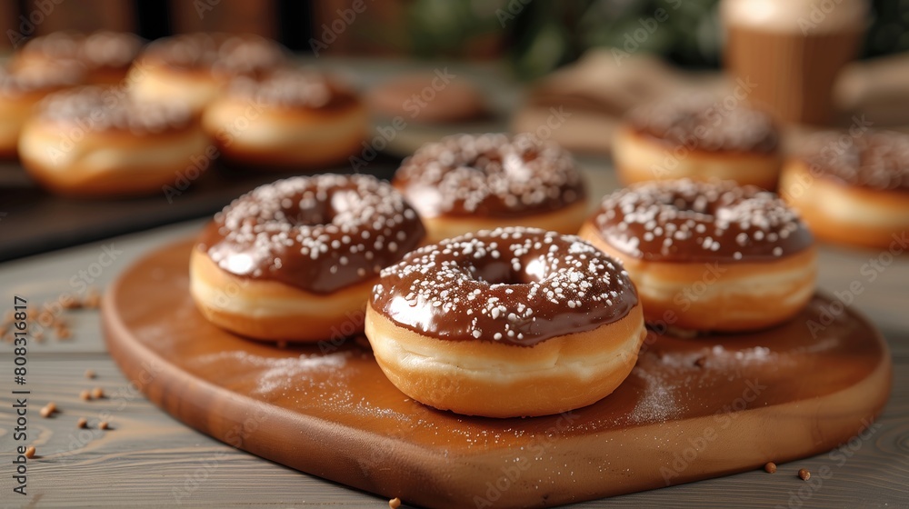Tasty donuts with chocolate glaze on wooden board, closeup. National Donut Day Tasty donuts with chocolate glaze on wooden board, closeup. National Donut Day