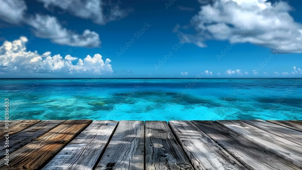 Product Display: Blurry Blue Ocean Background on Empty Wooden Table. Concept Product Display, Blurry Background, Blue Ocean, Empty Wooden Table Product Display: Blurry Blue Ocean Background on Empty Wooden Table. Concept Product Display, Blurry Background, Blue Ocean, Empty Wooden Table