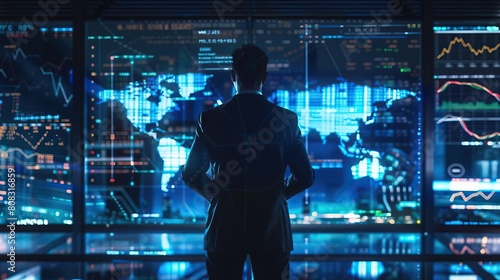 A man standing in front of a large screen with a map of the world on it. He is looking at the data on the screen.