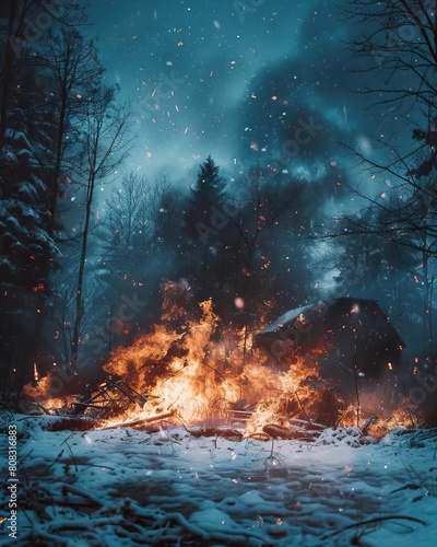 A raging bonfire burns in a snowy forest. photo
