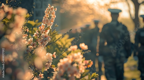 An honor guard placing wreaths at a memorial site, framed by blooming spring flowers - Memorial Day photo