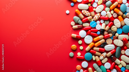 Top view: Various medicines scattered on a red background, illustrating options photo