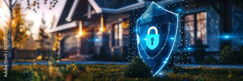 Secure home: holographic shield backdrop.