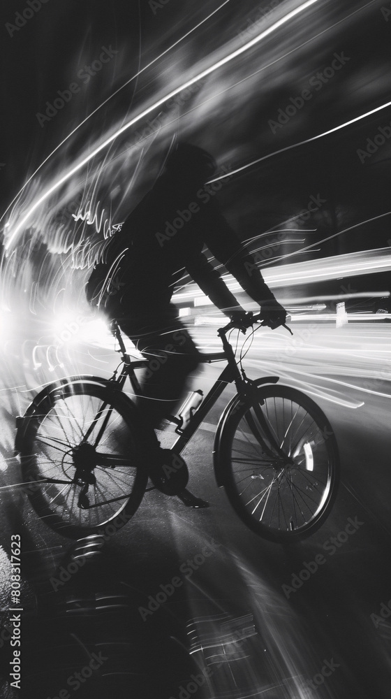 Obraz premium Cyclist in Motion: Monochrome Light Streak Photography Abstract Urban Cycling: Silhouetted Against Light Trails Night Cyclist: Streaks of Light in Urban Darkness
