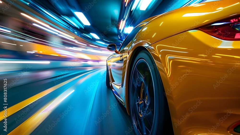 Closeup image of yellow sports car speeding with blurred lights on side. Concept Automotive Photography, Speed Motion, Close-up Focus, Yellow Sports Car, Blurred Lights Closeup image of yellow sports car speeding with blurred lights on side. Concept Automotive Photography, Speed Motion, Close-up Focus, Yellow Sports Car, Blurred Lights