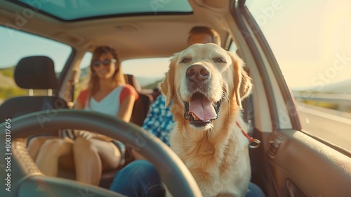 The whole family is driving for the weekend. Mom and Dad with their daughter and a Labrador dog are sitting in the car. Leisure, travel, tourism. © somneuk