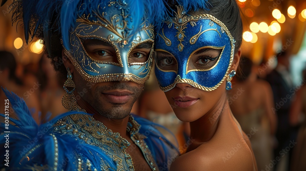 Close-up of a couple at a costume party wearing Venetian masks. Couple wearing formal costumes at a large colorful party. Close-up of a couple at a costume party wearing Venetian masks. Couple wearing formal costumes at a large colorful party.