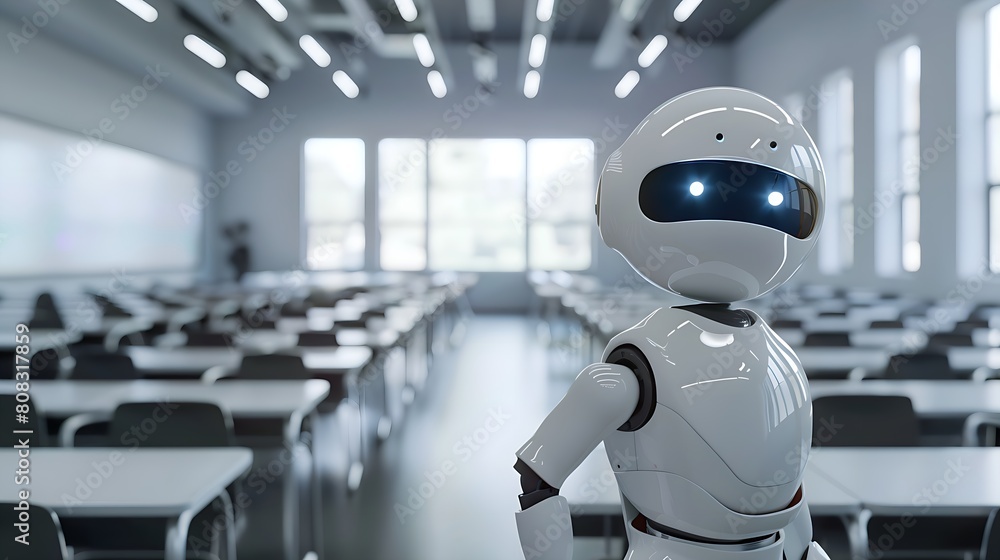 classroom of tomorrow: a sleek white humanoid robot stands in a classroom, symbolizing the integration of advanced robotics and artificial intelligence in modern educational settings classroom of tomorrow: a sleek white humanoid robot stands in a classroom, symbolizing the integration of advanced robotics and artificial intelligence in modern educational settings
