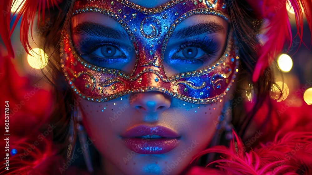 Close-up of a woman at a costume party wearing a Venetian mask. Beautiful woman wearing a gala costume at a big colorful party. Close-up of a woman at a costume party wearing a Venetian mask. Beautiful woman wearing a gala costume at a big colorful party.