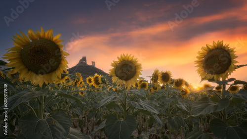 Warm sunset in a field of sunflowers framing the ruins of the Rojas castle, in the region of La Bureba, Burgos, under a sky of intense colors