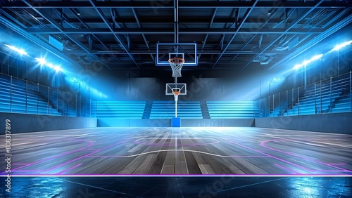 Basketball court mockup with hoop tribune wood parquet and teamwork concept. Concept Basketball, Court, Mockup, Hoop, Tribune, Wood Parquet, Teamwork, Concept photo