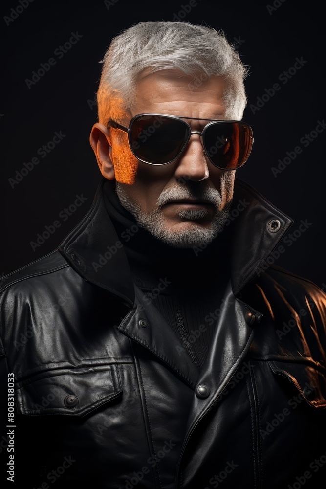 Obraz premium Mysterious man in black leather jacket and sunglasses