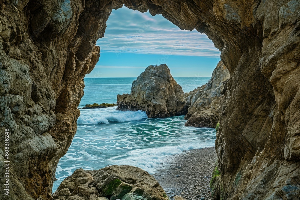 Picturesque sea cave framing a view of waves crashing against jagged rocks