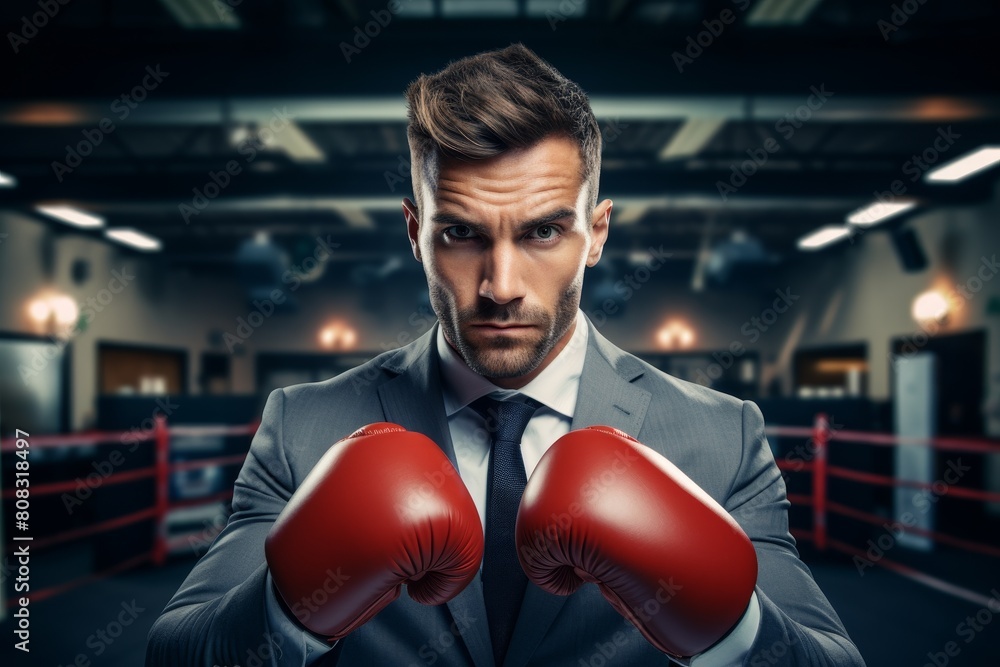 Determined businessman in boxing gloves Determined businessman in boxing gloves