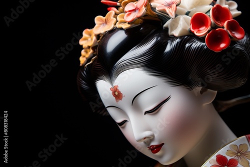 Artistic portrait of an ornate geisha figure with floral headpiece