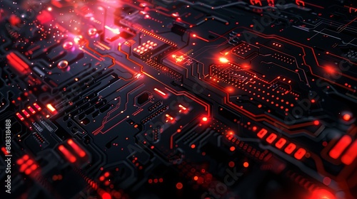A close up of a circuit board with red lights
