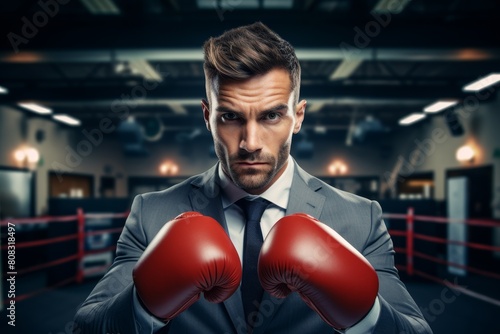 Determined businessman in boxing gloves
