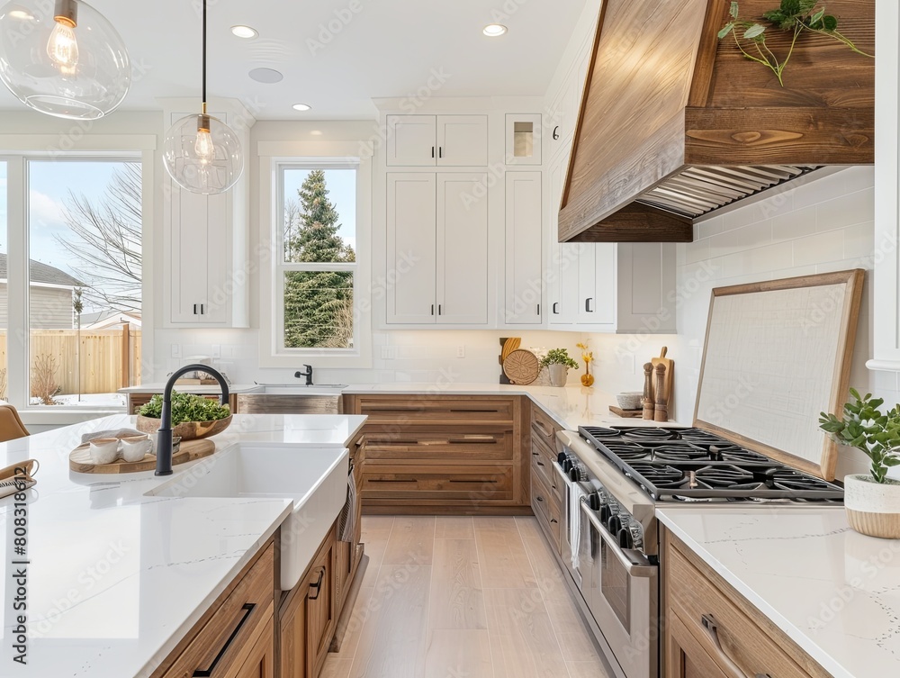 Fototapeta premium A kitchen with a white counter and a sink