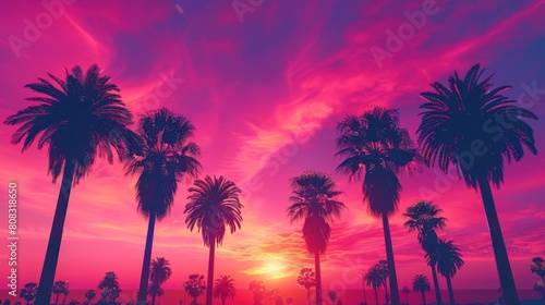 A beautiful sunset over a palm tree forest