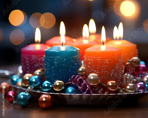 Candles and Christmas ornaments on a wooden table with bokeh background