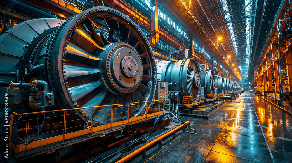 Obraz premium A factory with a large fan in the middle. The fan is surrounded by other fans and machinery. The image has a sense of industrialization and machinery