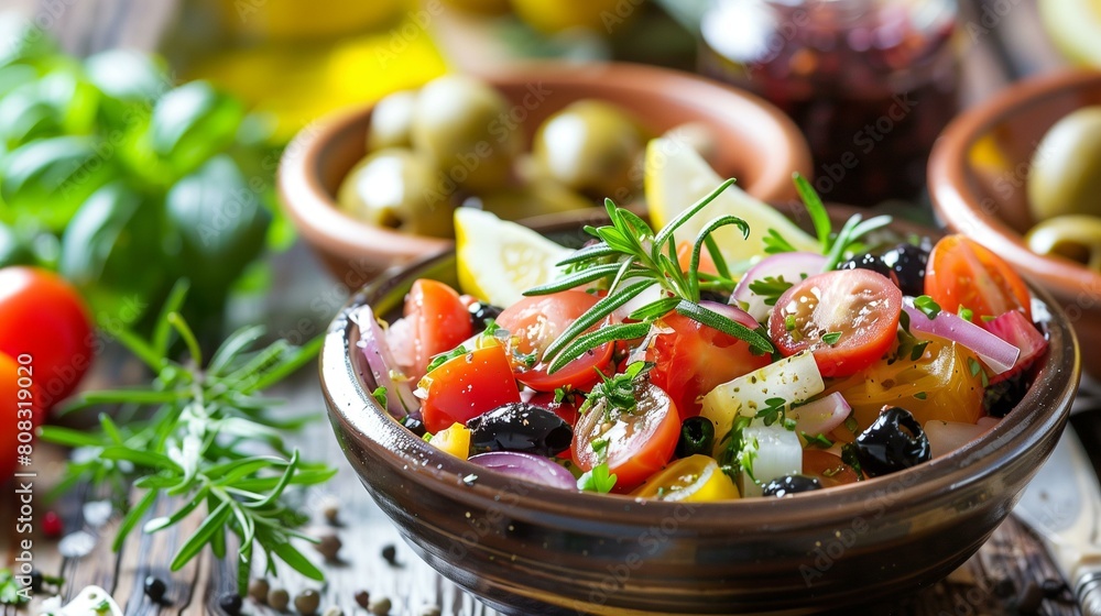 Mediterranean diet, fresh healthy mediterranean salad with tomatoes, olives, cucumbers, onions, lemon herbs, parsley mint garlic red pepper flakes black pepper