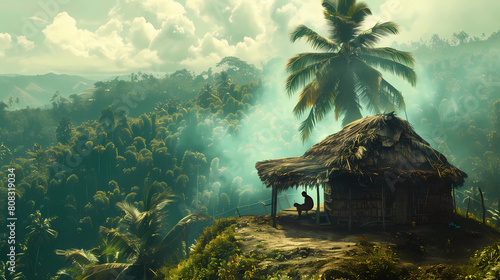 man sitting solo near his hut, coconut trees sway, freedom in a simplistic way of life, island life