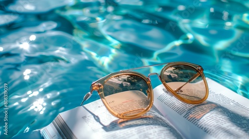 relaxing summer mood with book sunglasses near swimming pool, fun good happy joyful light