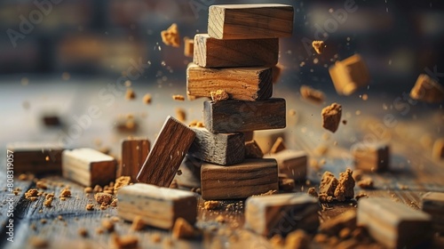 Instability concept, jenga game of removing blocks from tower without toppling it, photographed with motion blur to show blocks in mid-air, focus precision accuracy control coordination photo