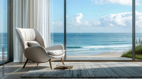 Serene Beachfront Home Interior with Ocean View. Generative ai