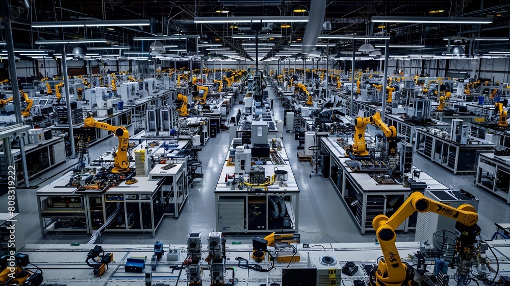 A large factory with many robots and machines A large factory with many robots and machines